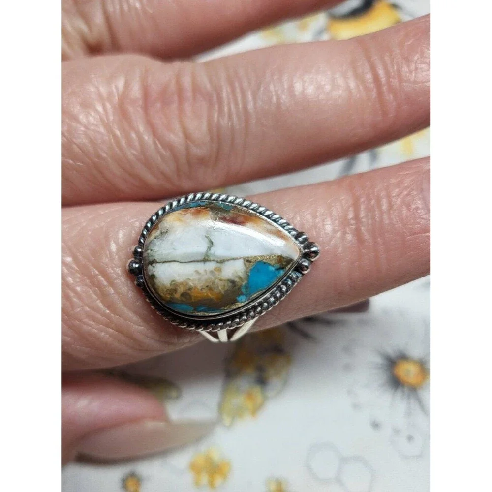 Sterling Silver Spiny Oyster Copper Turquoise Teardrop Ring